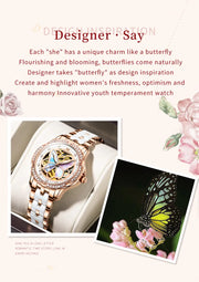 OLEVS Elegant Ladies Watch Butterfly Dial Design Waterproof Ceramic Strap Bracelet Set with Diamonds Ideal Gift