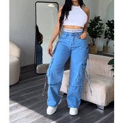 High Waist Wide Leg Denim Straight Jeans for Women Y2K Hip-hop Streetwear Loose Fit Colorblocked Design Short Length