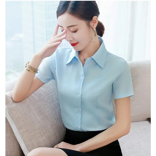 Fashion White Short Sleeve Women's Blouse Solid Tops for Autumn 2023 Ladies Work Shirt Eye Catching Basic Clothing