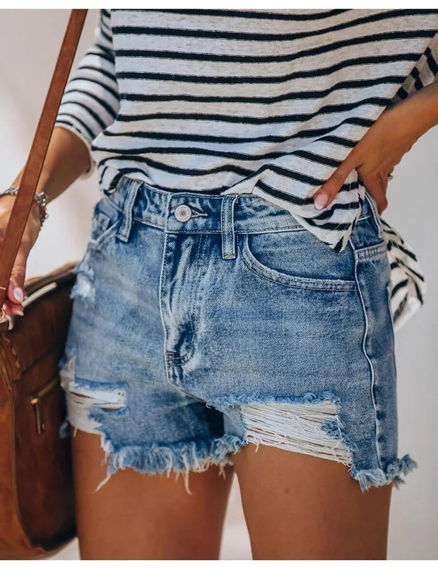 2025 Summer New Women's Ripped Denim Shorts Fashion High Elastic Tassel Straight Jeans Shorts Casual Sexy Ladies Shorts