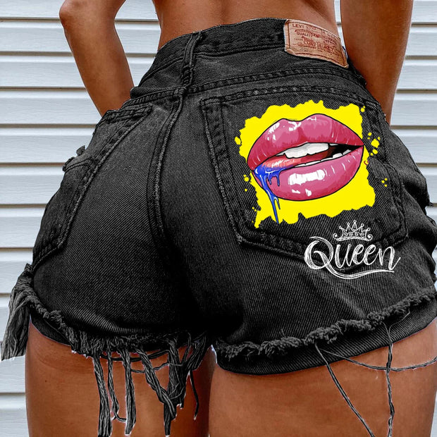 Denim Shorts for Women High Street Style with Red Lips Printed Jean Shorts Causal New Teeth Bite Bullet Pattern Summer Tassel Shorts