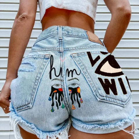 Eye Graffiti Pattern Women's Denim Shorts 2022 Summer High Waist Short Mujer Fashion Ripped Jean Shorts Streetwear Shorts w173