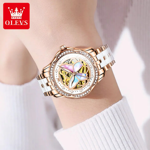 OLEVS Elegant Ladies Watch Butterfly Dial Design Waterproof Ceramic Strap Bracelet Set with Diamonds Ideal Gift