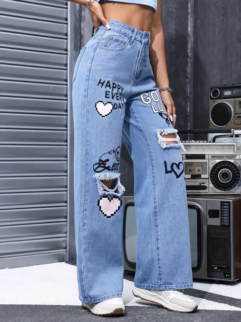 Chic Ripped Jeans for Women Fashion Casual High Waist Button Up Butterfly Print Straight Pants Perfect for Spring Summer 2024