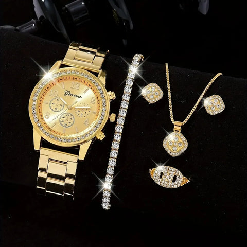 Gold Watch Women Luxury Set with Ring Necklace Earrings Rhinestone Fashion Wristwatch Female Casual Bracelet