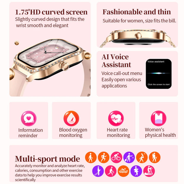 Women's Smart Watch Heart Rate & Blood Pressure Monitor Music Playback AI Voice Sports BT Calling for Xiaomi Huawei