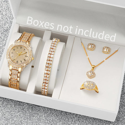 Full Diamond Fashion Women's Watch Set 6PCS Gold Steel Band Analog Quartz Jewelry Without Box