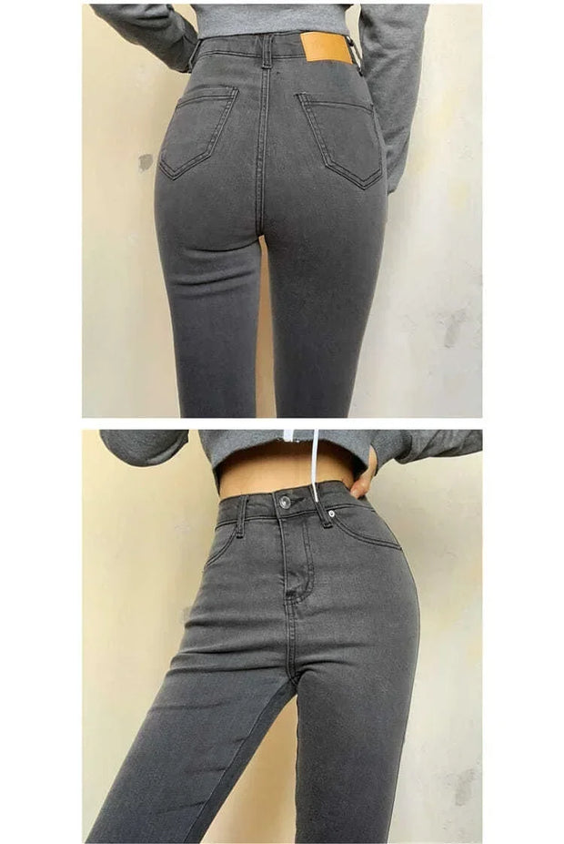 Skinny Women's Stretch Jeans Slim Fashion Korean Pencil Pants Autumn Vintage Black Gray Blue Washed Mom Jeans Leggings