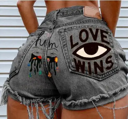 Eye Graffiti Pattern Women's Denim Shorts 2022 Summer High Waist Short Mujer Fashion Ripped Jean Shorts Streetwear Shorts w173