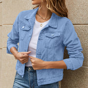 Women's Denim Jackets for Fashion Casual Long Sleeve Lapel Solid Single Button Chest Pocket Slim Fit Jean Coat for Fall Winter