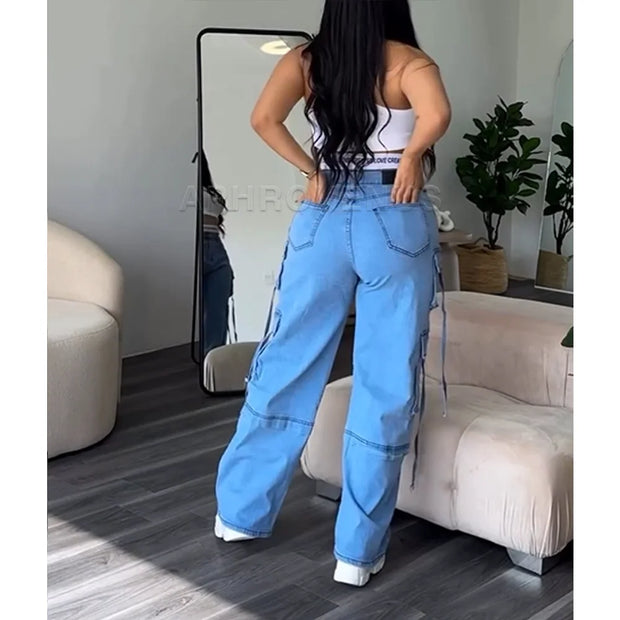 High Waist Wide Leg Denim Straight Jeans for Women Y2K Hip-hop Streetwear Loose Fit Colorblocked Design Short Length