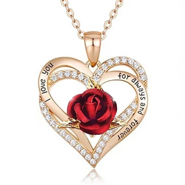 Fashion Women Heart Rose Necklace Cross Heart Bow Pendant Engagement Necklace for Women Flower Jewelry Birthday Anniversary Gift