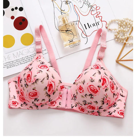 Floral Rose Push Up Bra Front Closure Wireless Bralette Seamless Underwear Plus Size for Women Eye Catching Short Length