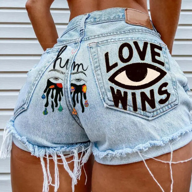 Eye Graffiti Pattern Women's Denim Shorts 2022 Summer High Waist Short Mujer Fashion Ripped Jean Shorts Streetwear Shorts w173