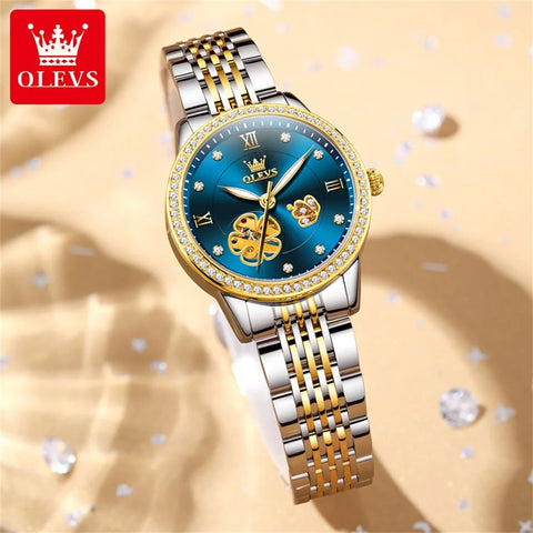 OLEVS 6706 Automatic Mechanical Wristwatch for Women Luxury Flower Diamond Dial Waterproof Ladies Hand Clock