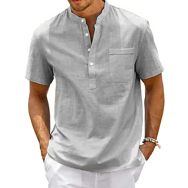 Summer Men's Cotton Short Sleeve T-shirt Solid Color Stand Collar Loose Pullover Shirt Thin Soft Comfortable Button T-shirt Top