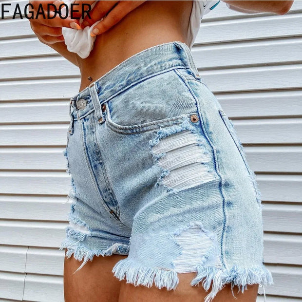 FAGADOER High Waisted Torn Denim Shorts for Women Casual Y2K Street Style with Eye Catching Printing Tassels