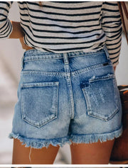 2025 Summer New Women's Ripped Denim Shorts Fashion High Elastic Tassel Straight Jeans Shorts Casual Sexy Ladies Shorts