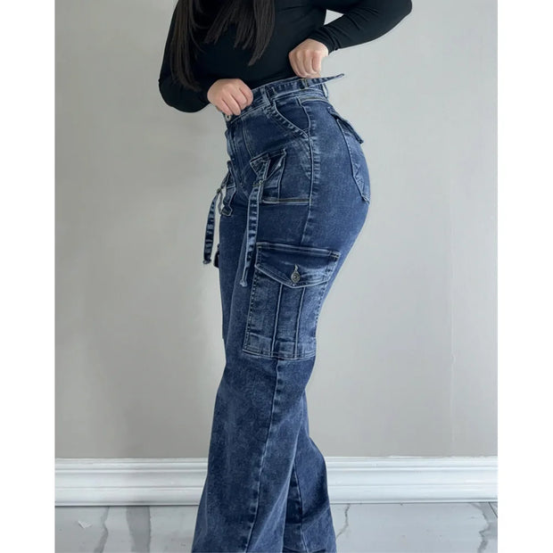 Women Straight Cargo Jeans Women's Streetwear Stretchy High Waisted Jeans Unique Multi-Pocket Female Trousers Pocket Design