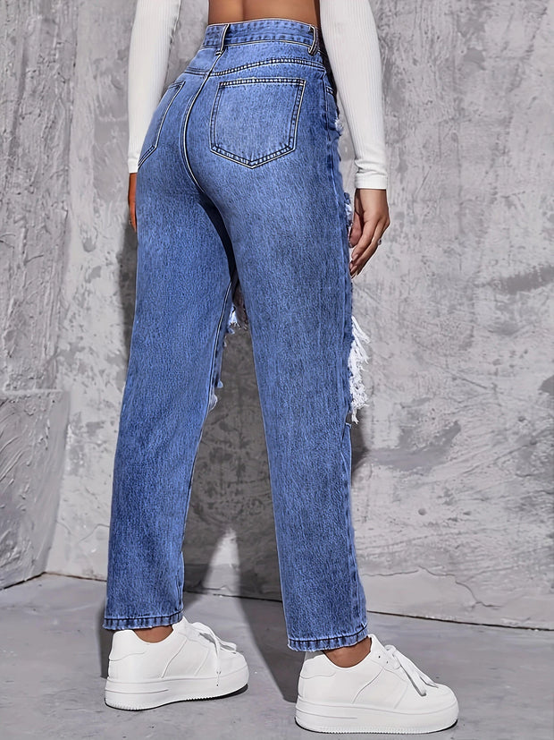 American Retro High-Waist Hole-Punched Women's Jeans Straight-Crotch Slim Fit Wide-Leg Design for High-Street Casual Wear