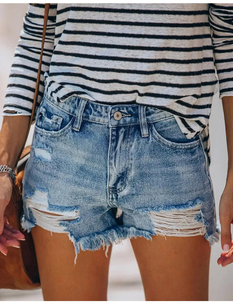 2025 Summer New Women's Ripped Denim Shorts Fashion High Elastic Tassel Straight Jeans Shorts Casual Sexy Ladies Shorts