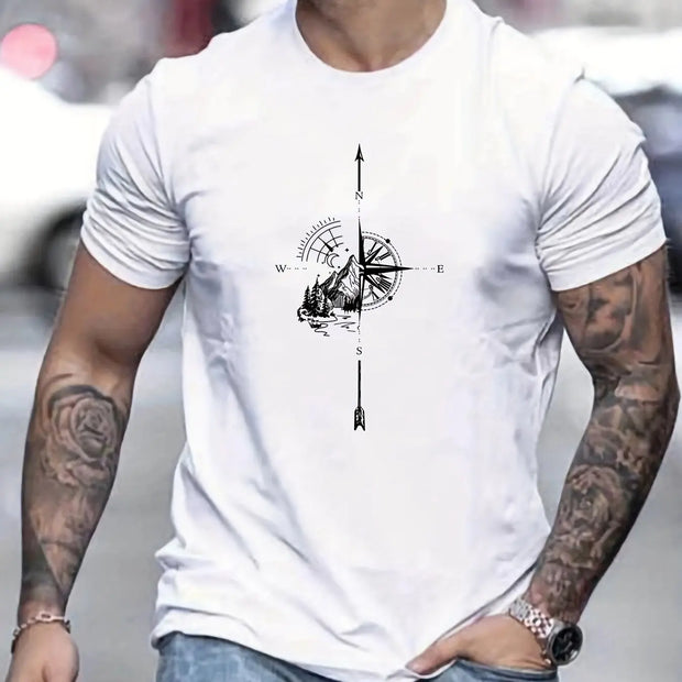 Men's Summer Casual Loose Size 100% Cotton Mountain Compass Pattern Print Round Neck Short Sleeve T-shirt Top