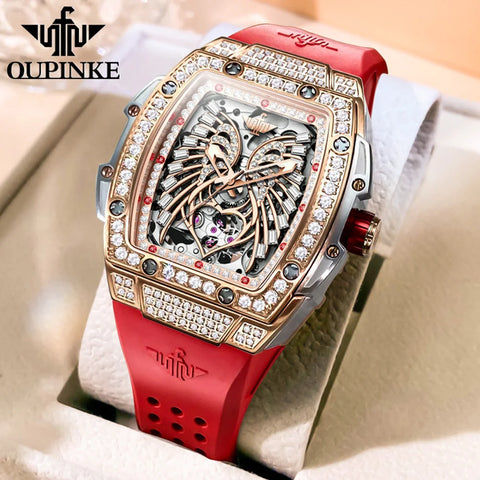 OUPINKE 3225 Luxury Business Mechanical Watch for Women Hollow Diamond Silicone Strap Waterproof Fashion Dress Clock