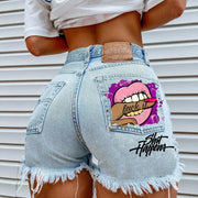 FAGADOER High Waisted Torn Denim Shorts for Women Casual Y2K Street Style with Eye Catching Printing Tassels