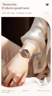 OLEVS 7036 Automatic Mechanical Wrist Watch for Women with Elegant Steel Strap Skeleton Starry Sky Diamond Bezel