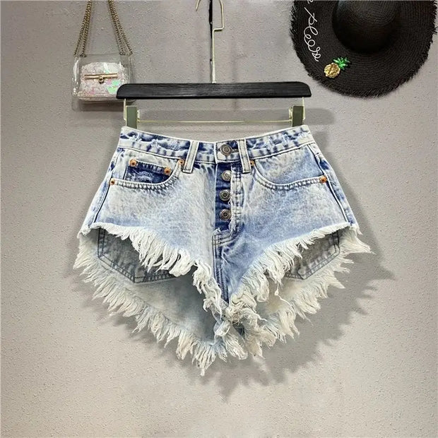 Single Breasted A-line Denim Wide Leg Shorts for Women's Summer High Waisted Fringed Fur Edge Washed Jeans Shorts