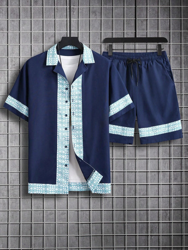 Summer Hawaiian Shirt Set Men Short Sleeve Shirt Set Fashion Design Pattern Print Fashion Lapel Button Top Shorts Men's New Set