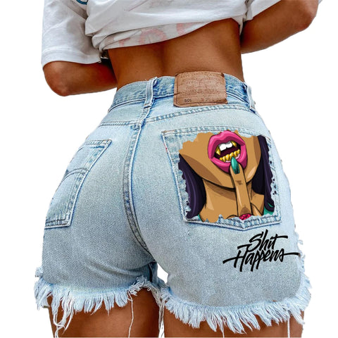 Denim Shorts for Women High Street Style with Red Lips Printed Jean Shorts Causal New Teeth Bite Bullet Pattern Summer Tassel Shorts