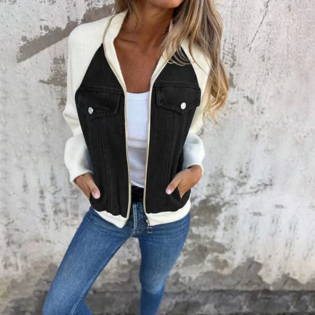 Autumn Winter Denim Patchwork Jacket for Women Casual Fashion V-Neck Long Sleeve Shoulder Rubbing Coat