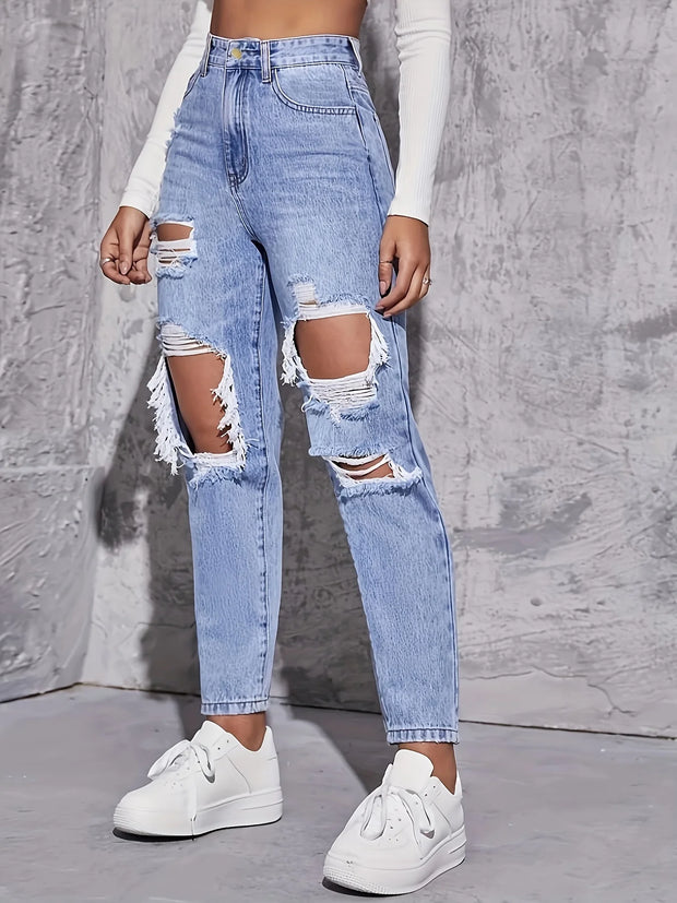 American Retro High-Waist Hole-Punched Women's Jeans Straight-Crotch Slim Fit Wide-Leg Design for High-Street Casual Wear