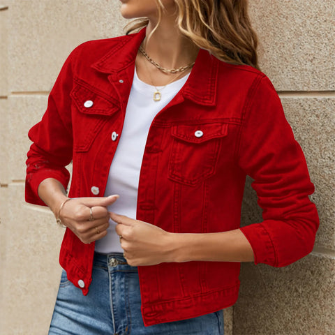 Women's Denim Jackets for Fashion Casual Long Sleeve Lapel Solid Single Button Chest Pocket Slim Fit Jean Coat for Fall Winter