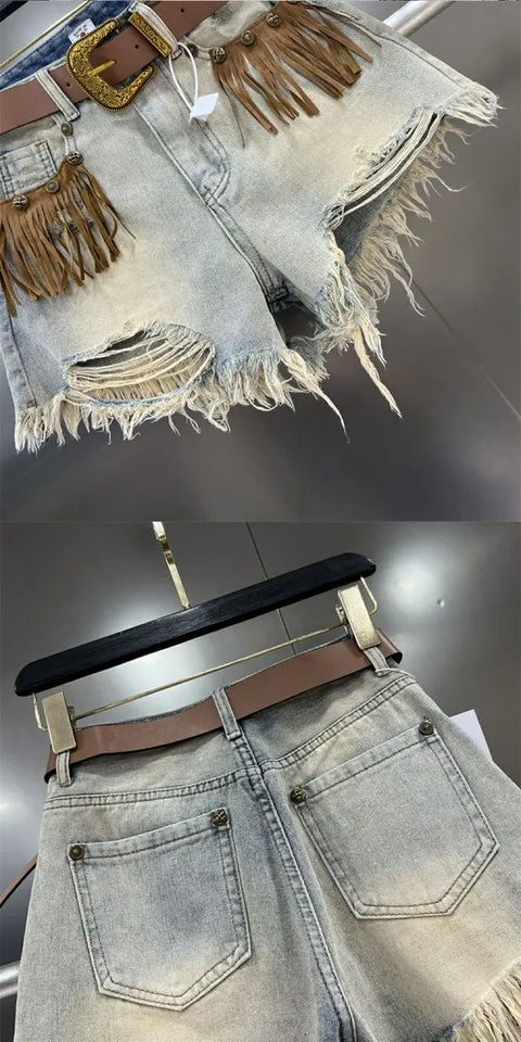 Hot girl fringe, frayed edge, ripped hole jeans, women's summer 2024 new retro slimming wide leg short pants