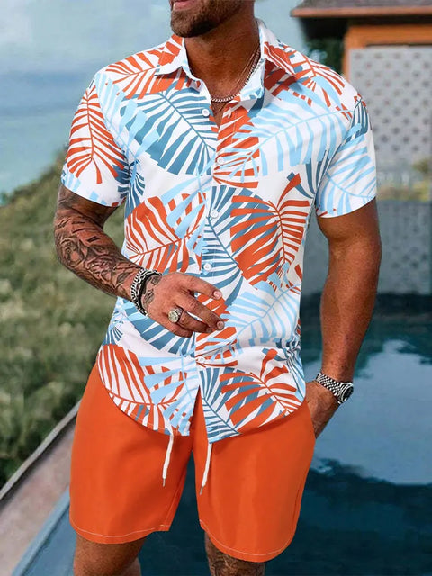 New Palm Leaf Print Men's Casual Shirt Hawaiian Men's Beach Shorts Summer Everyday Short-sleeved Shirt And Sports Shorts Set