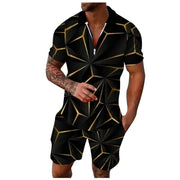 Contrast Color Men's Hawaii 3D Printed Polo Shirt and Shorts Set Casual Zip Up Top with Short Sleeves for Summer Fashion