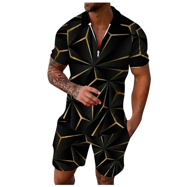 Contrast Color Men's Hawaii 3D Printed Polo Shirt and Shorts Set Casual Zip Up Top with Short Sleeves for Summer Fashion