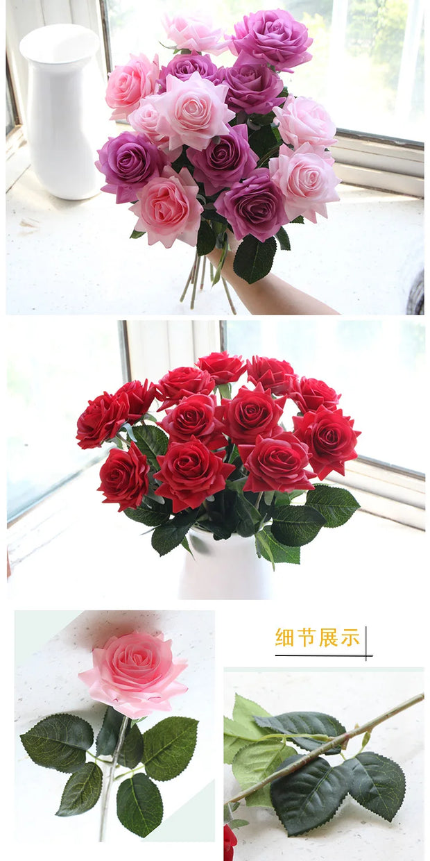 15pc Real Touch Rose Branch Latex Artificial Rose Bouquet Decor Home Wedding Party Valentine's Day Birthday Gift Fake Flowers