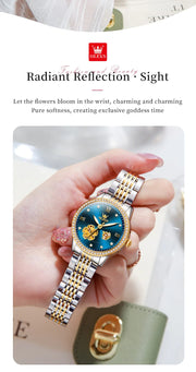 OLEVS 6706 Automatic Mechanical Wristwatch for Women Luxury Flower Diamond Dial Waterproof Ladies Hand Clock