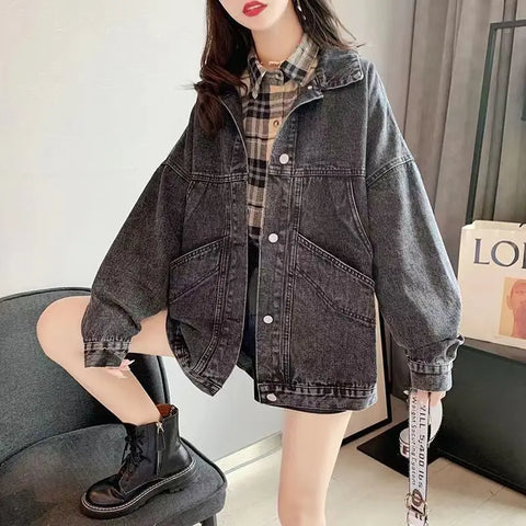 Elegant Women's Denim Coat with Turn Down Collar Maxi Length Single Breasted Casual Streetwear Jeans Jacket for Autumn and Spring