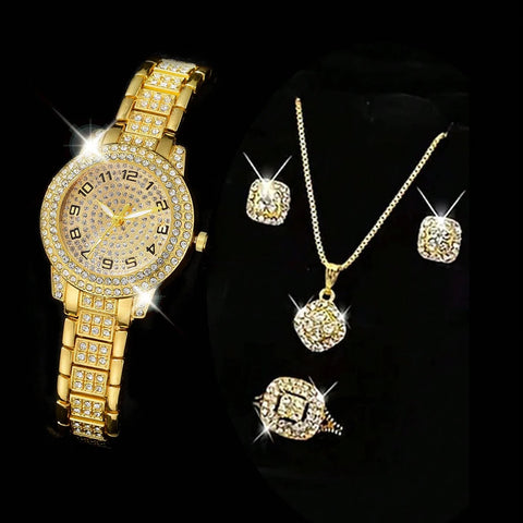 Luxury Women's Gold Quartz Watch Fashionable Diamond Wristwatch Set with Elegant Bracelet for Ladies