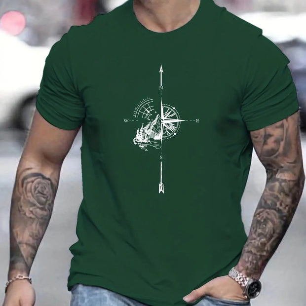 Men's Summer Casual Loose Size 100% Cotton Mountain Compass Pattern Print Round Neck Short Sleeve T-shirt Top