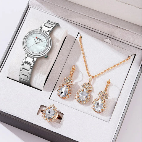 Luxury Stainless Steel Quartz Wristwatch for Women with Rhinestones Elegant Ladies Watch Gift Jewelry Set 5pcs