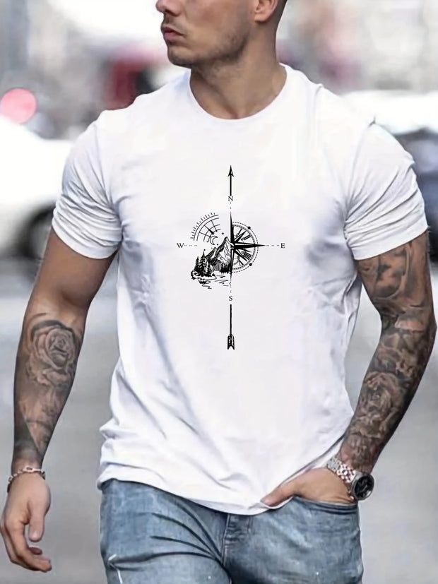 Men's Summer Casual Loose Size 100% Cotton Mountain Compass Pattern Print Round Neck Short Sleeve T-shirt Top