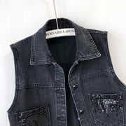 2024 Fashion Design Women's Denim Vest Sequins Waistcoat Korean Style Leeveless Jacket for Summer Autumn Season