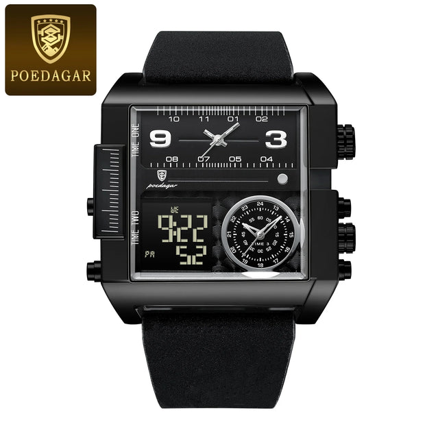 Luxury Men's Quartz Wristwatch Multifunctional Digital Watch with Rectangle Waterproof Luminous Hour and Day Week Display