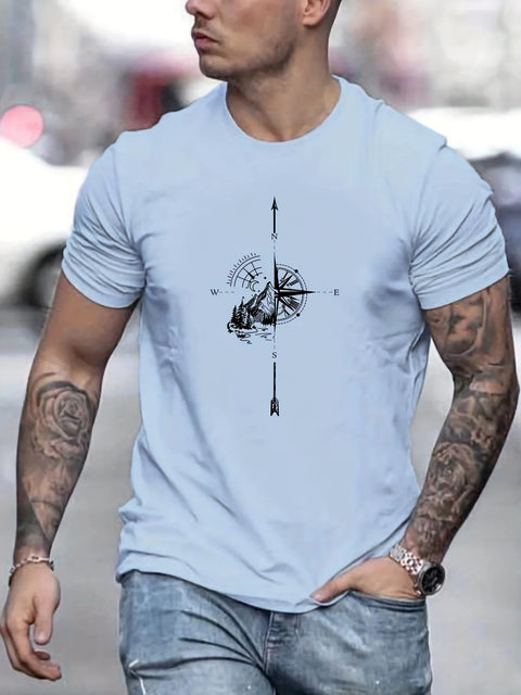 Men's Summer Casual Loose Size 100% Cotton Mountain Compass Pattern Print Round Neck Short Sleeve T-shirt Top