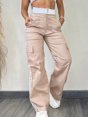 Streetwear High Waist Cargo Pants Women Striped Tape Patch Shirred Stretchy Trousers Solid Straight Big Pockets Y2K Sweatpants